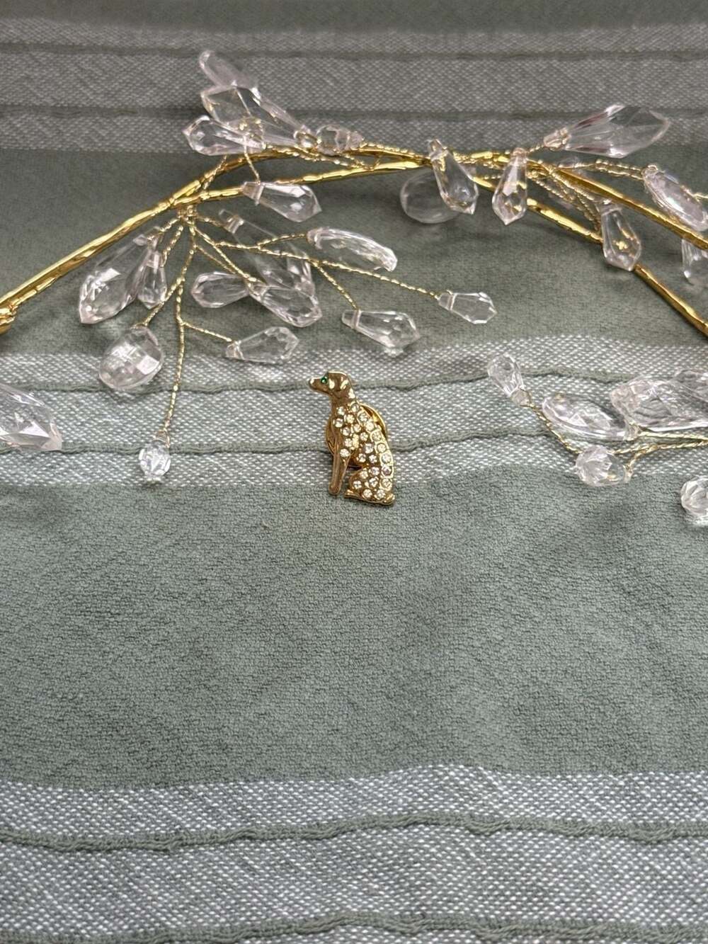 Vintage Gold Tone Dalmatian Dog Pin,  Brooch with Green Eye